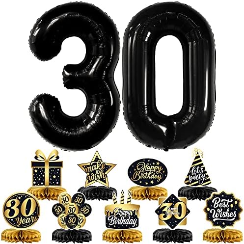 מרכז יום הולדת 30 יום הולדת 30 חולי דבש - 40 אינץ ', שחור 30 בלון מספר | קישוטים לשולחן יום הולדת 30 | שחור, זהב